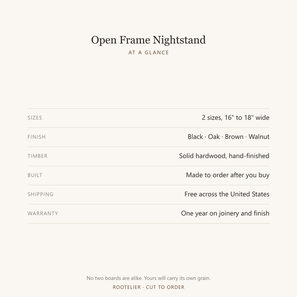 Open Frame Nightstand - at a glance: sizes, finishes, lead time and warranty