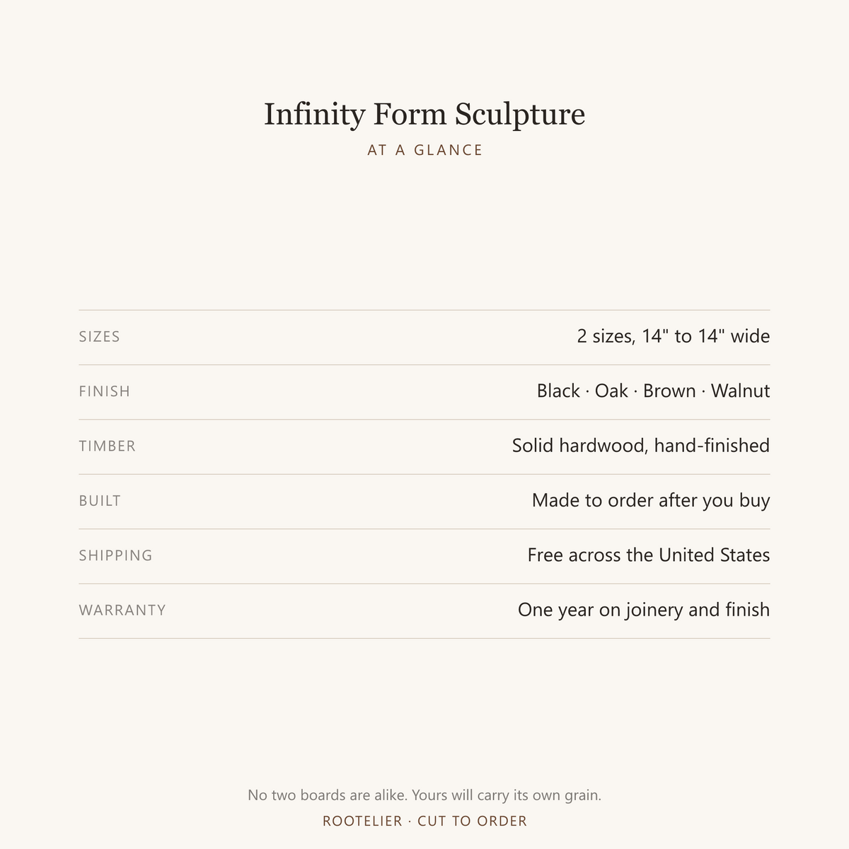 Infinity Form Sculpture - at a glance: sizes, finishes, lead time and warranty