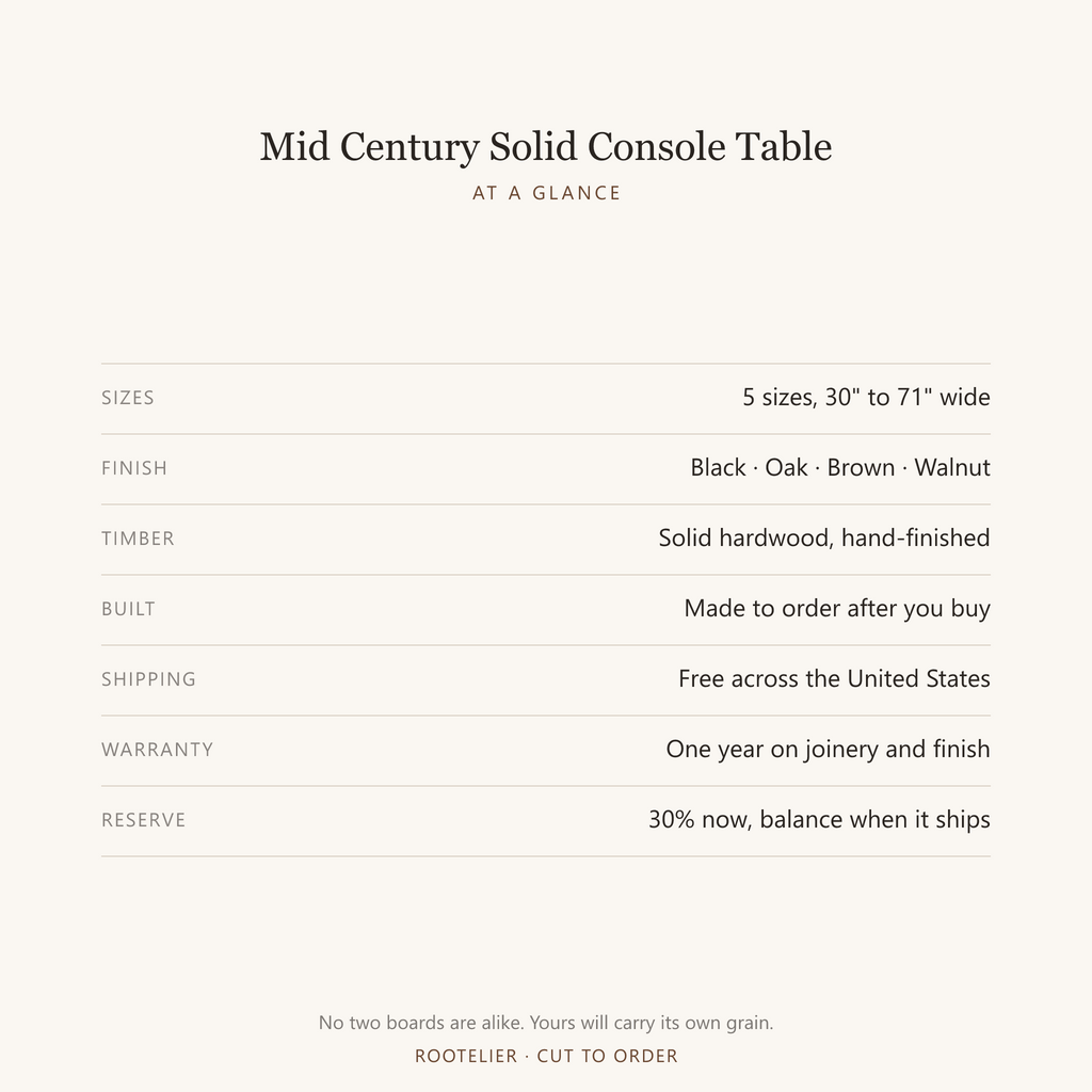 Mid Century Solid Console Table, at a glance: sizes, finishes, lead time and warranty