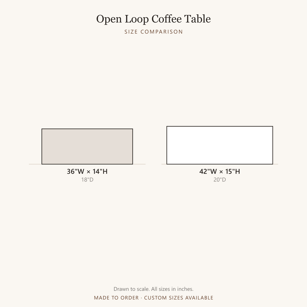 Sculptural Coffee Table with Open Loop Base - size comparison, all available sizes drawn to scale