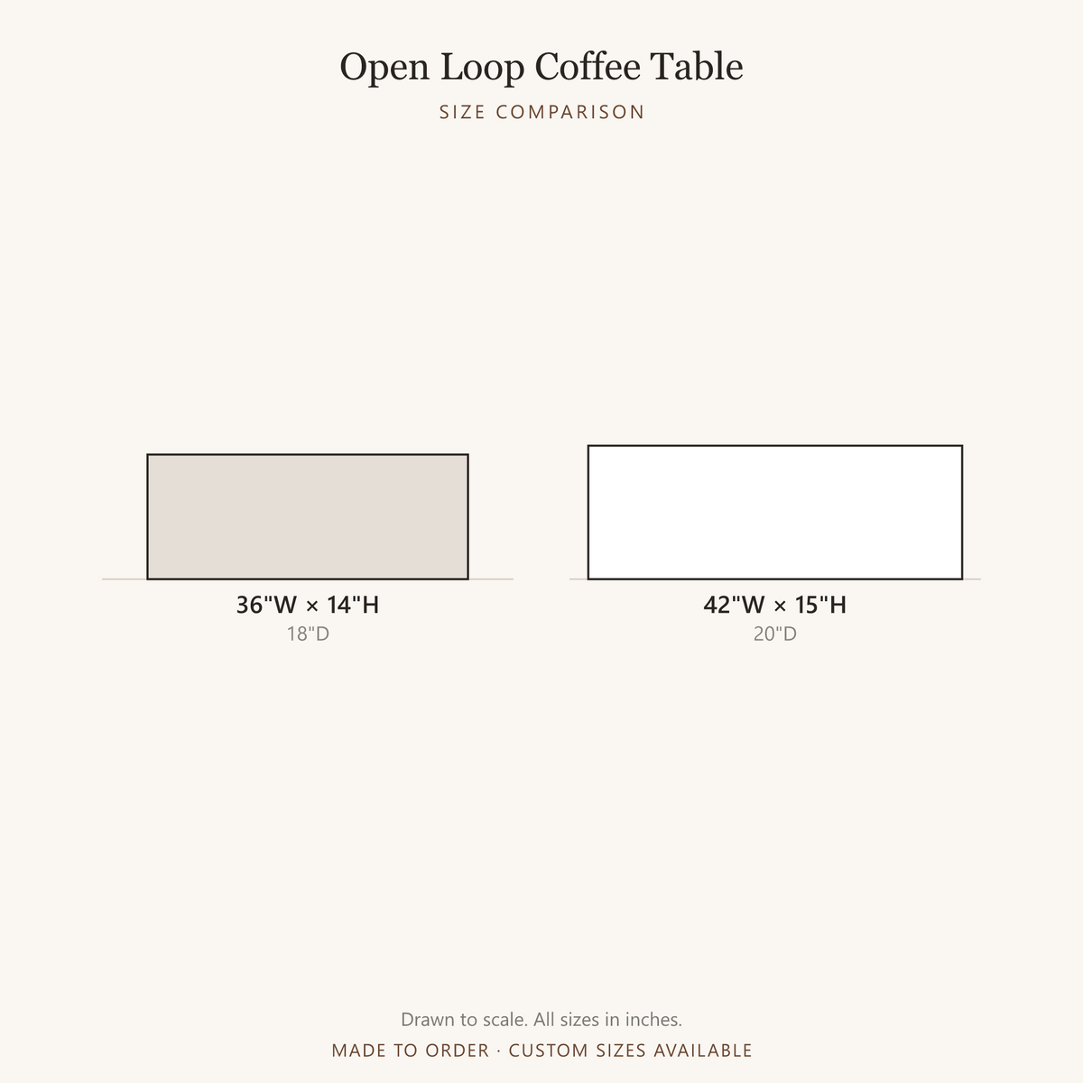 Sculptural Coffee Table with Open Loop Base - size comparison, all available sizes drawn to scale