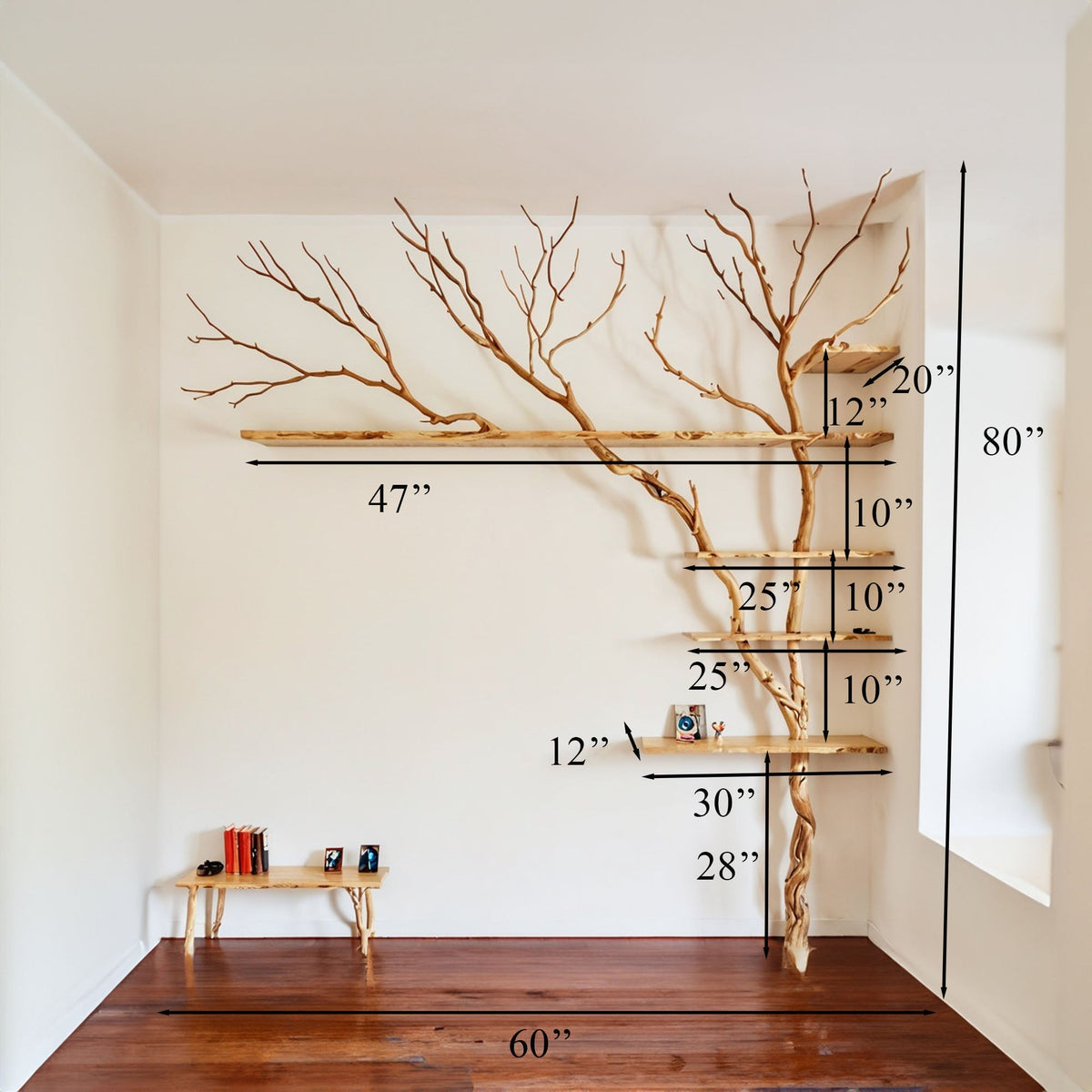 Tree Branch Floating Shelf Driftwood Art Decor, solid wood, built to order