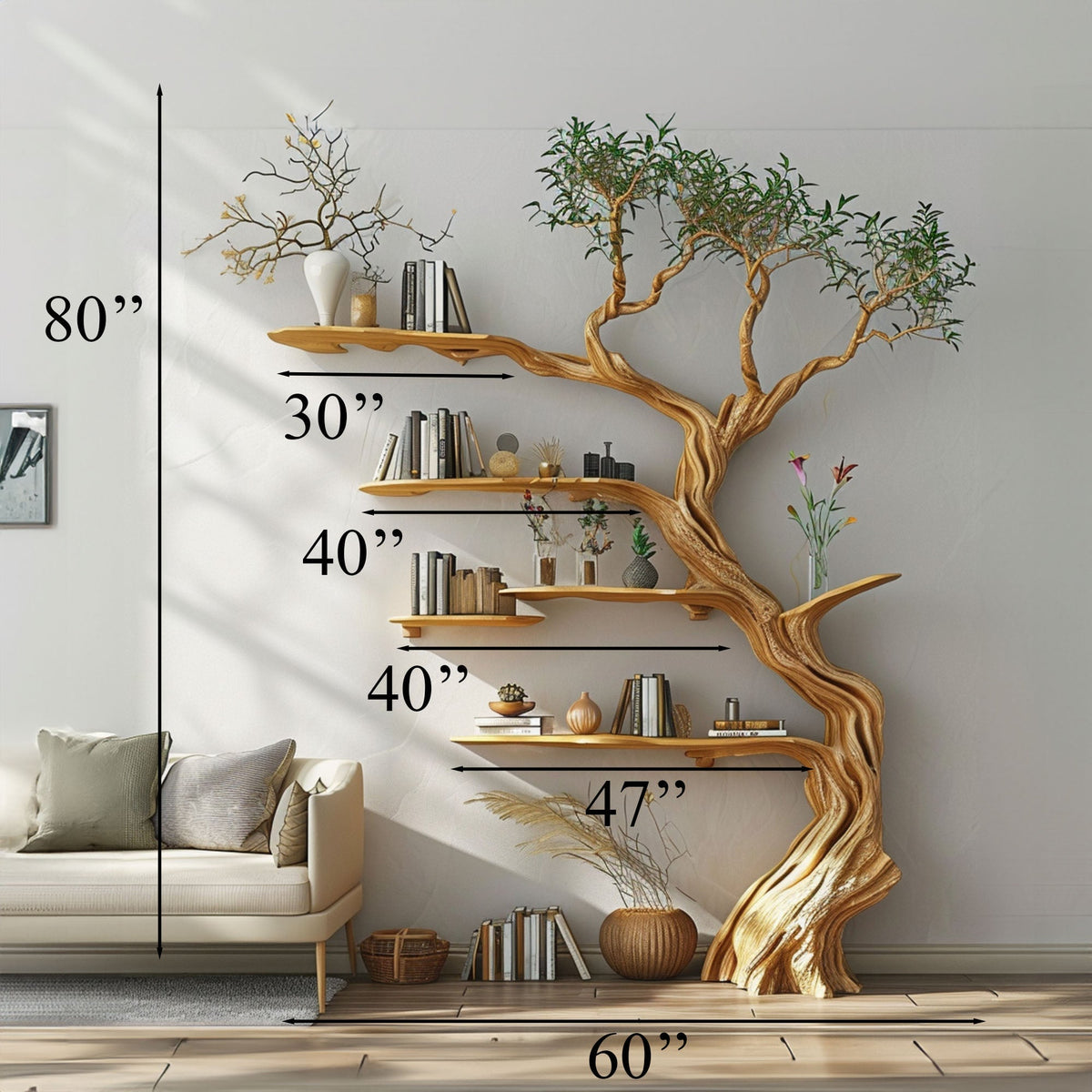 Tree Branch Shelves Solid Bookcase, solid wood, built to order