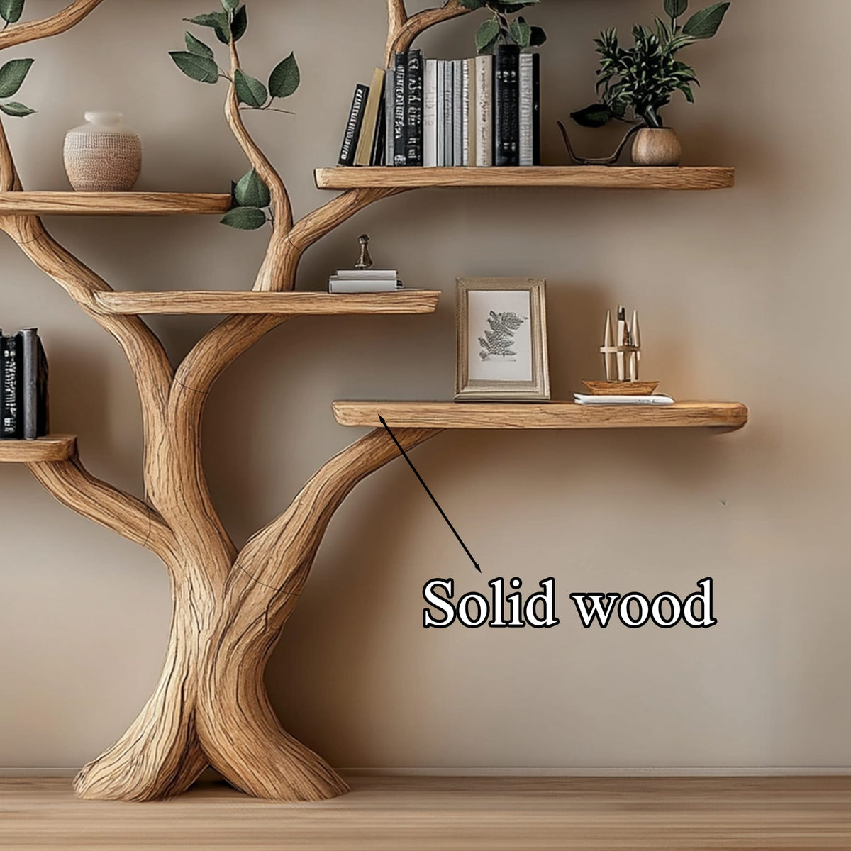 Tree Branch Shelf Fake Leave Solid Bookcase, solid wood, built to order