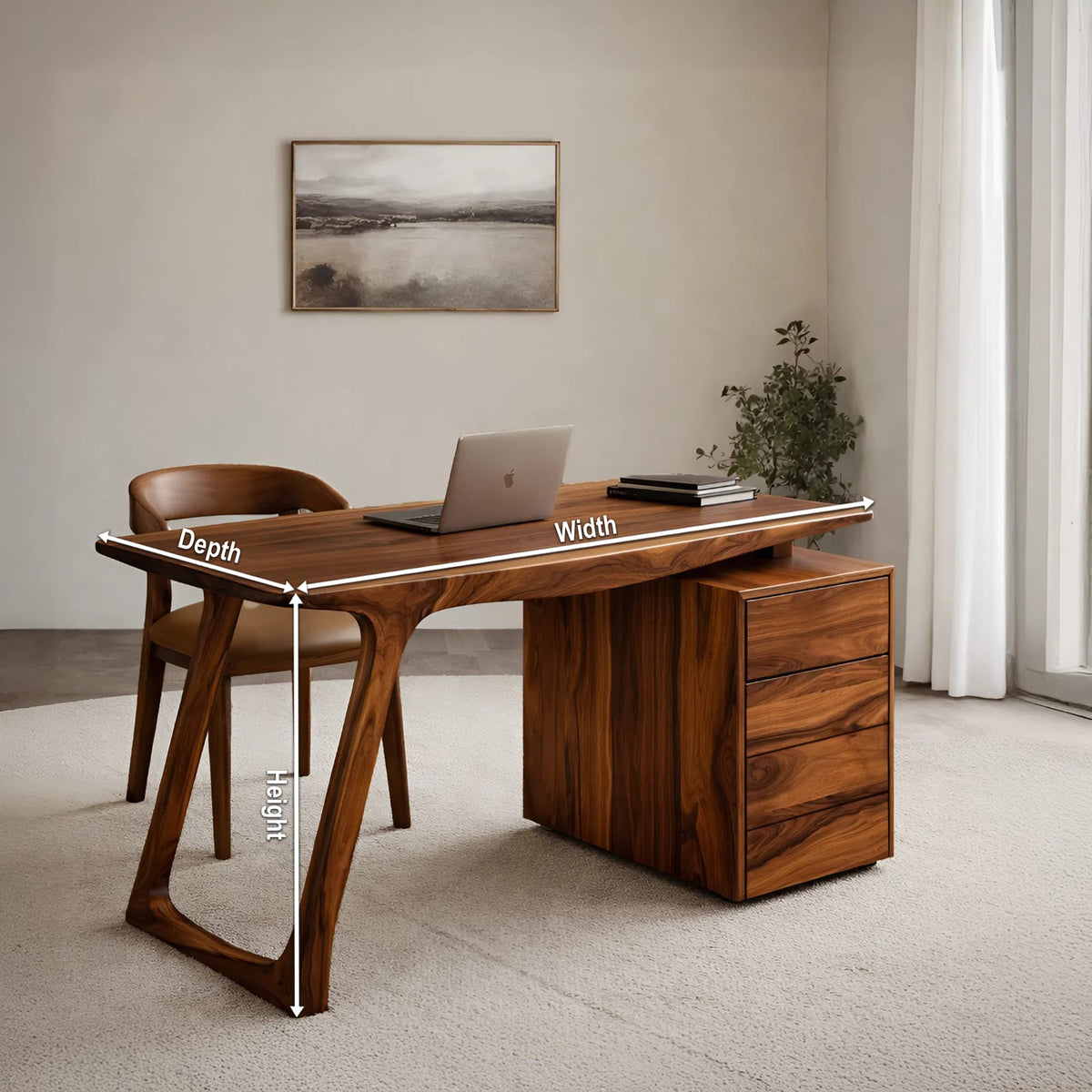 Contemporary Live Edge Office Desk with Storage Cabinet, solid wood, built to order