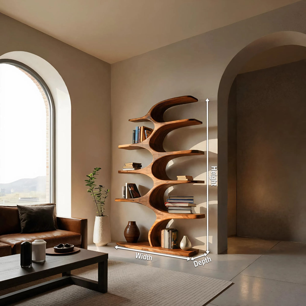 Artistic Curved Bookshelf Fluid Lines Statement, solid wood, built to order