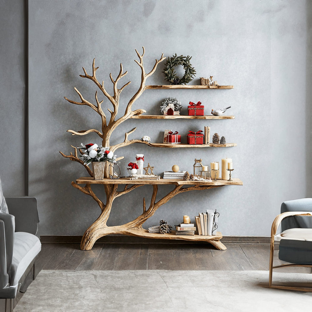 Mid Century Console Table with Tree Book Shelf Entry Table, solid wood, built to order