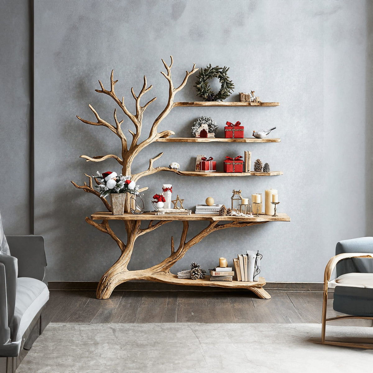Mid Century Console Table with Tree Book Shelf Entry Table, solid wood, built to order