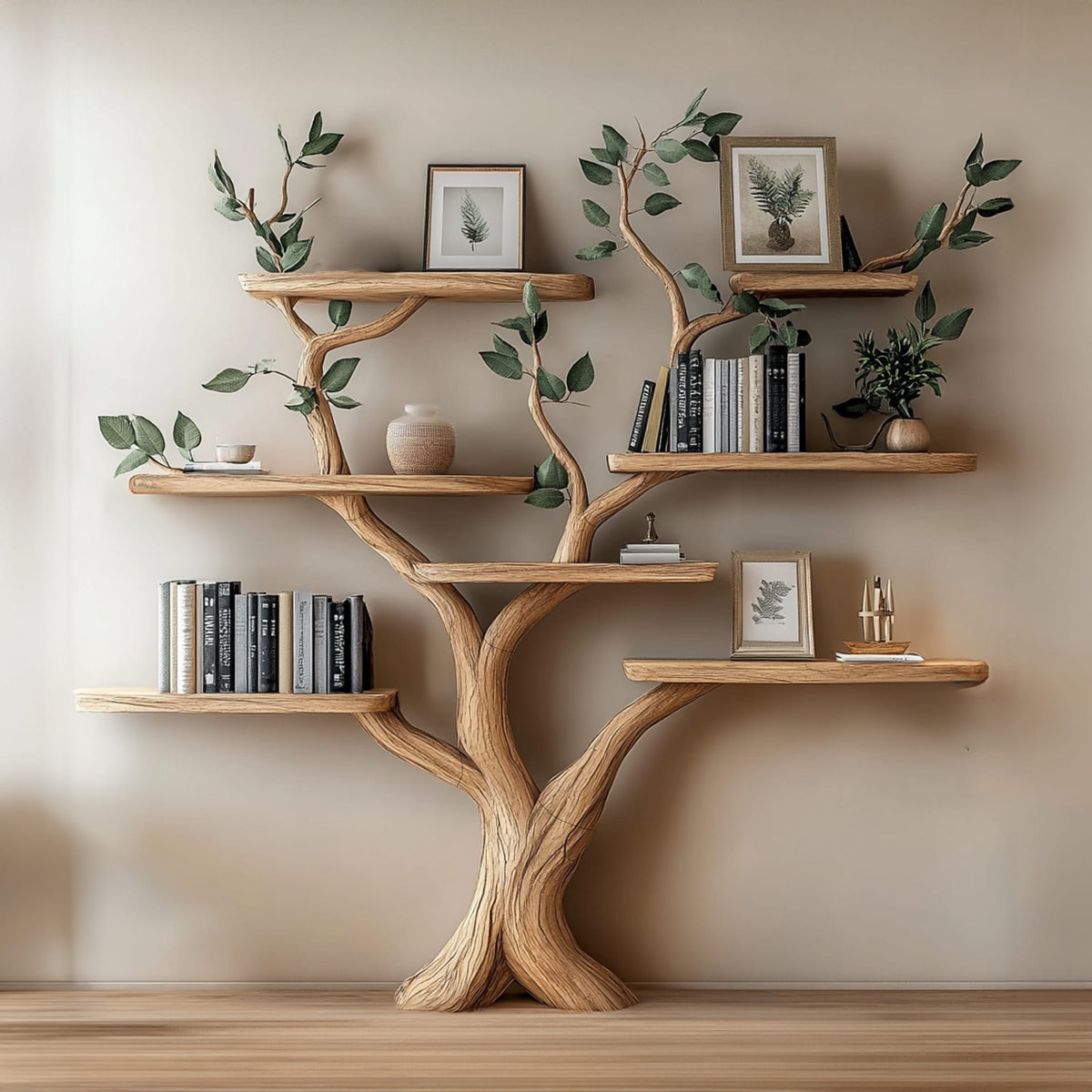 Tree Branch Shelf Fake Leave Solid Bookcase, solid wood, built to order