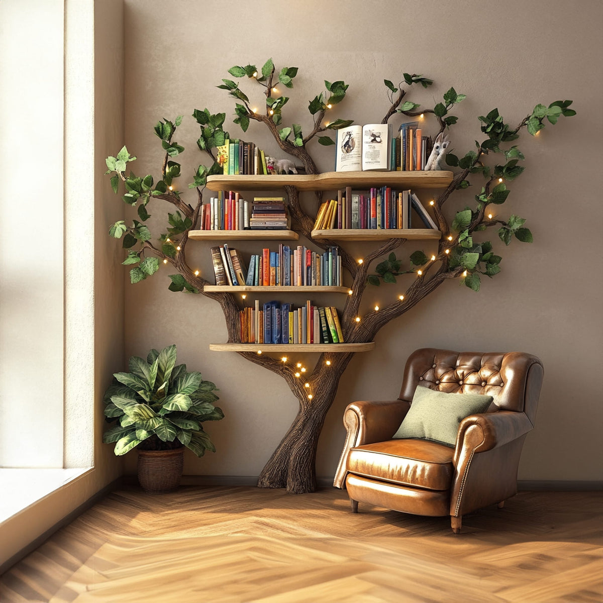 Black Tree Bookshelf Floating Shelf Bookcase, solid wood, built to order