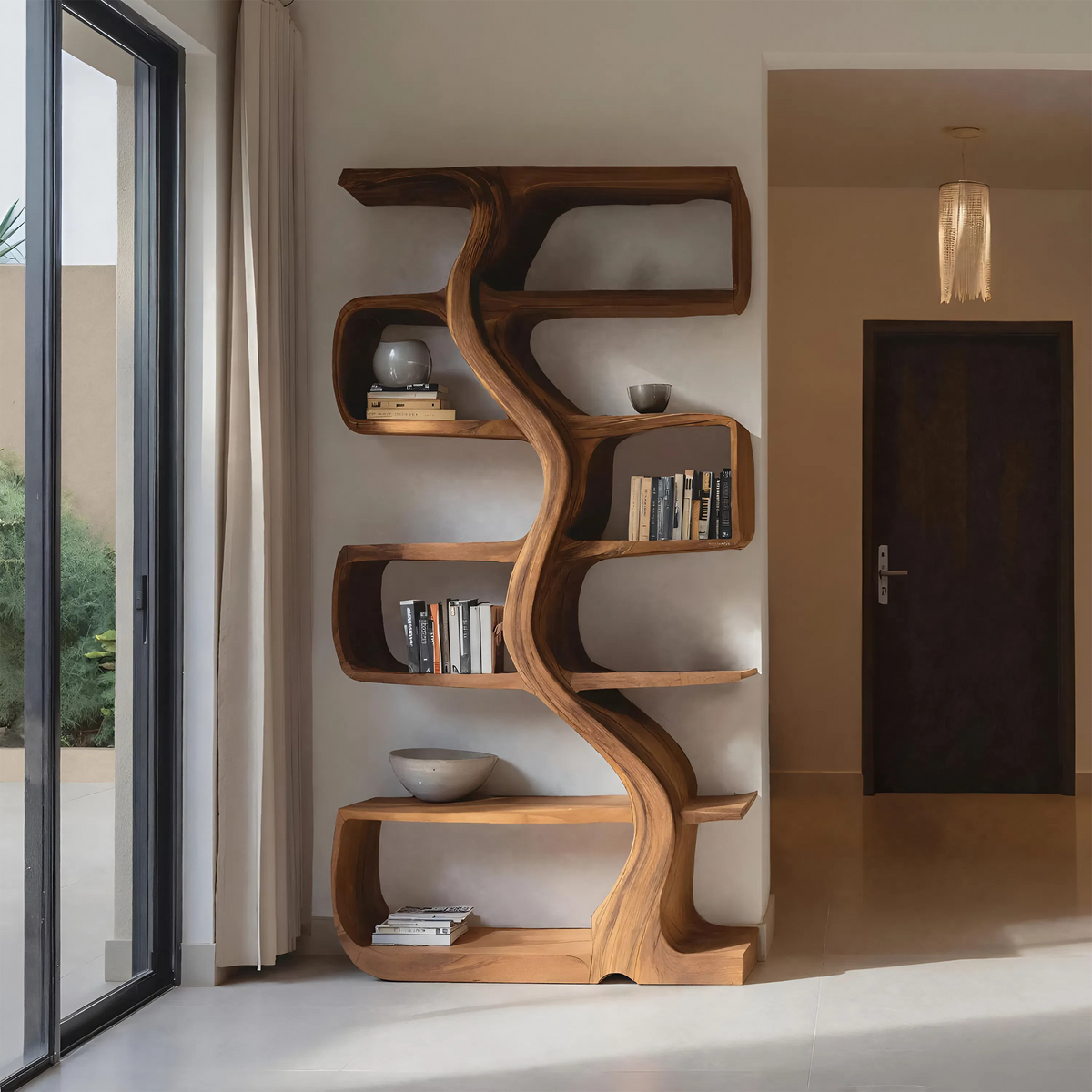 Organic Sculptural Bookshelf with Wavy Design, solid wood, built to order