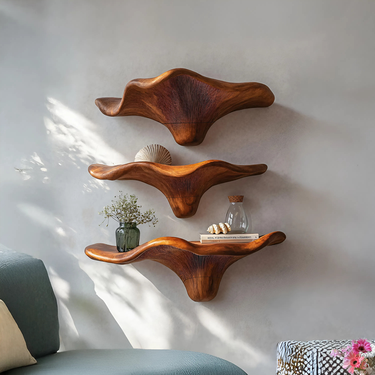 Mid Century Wooden Live Edge Mushroom Shelf, solid wood, built to order