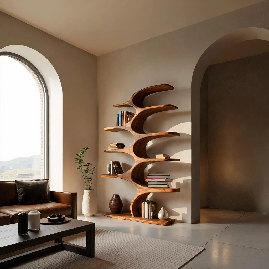 Artistic Curved Bookshelf Fluid Lines Statement, solid wood, built to order