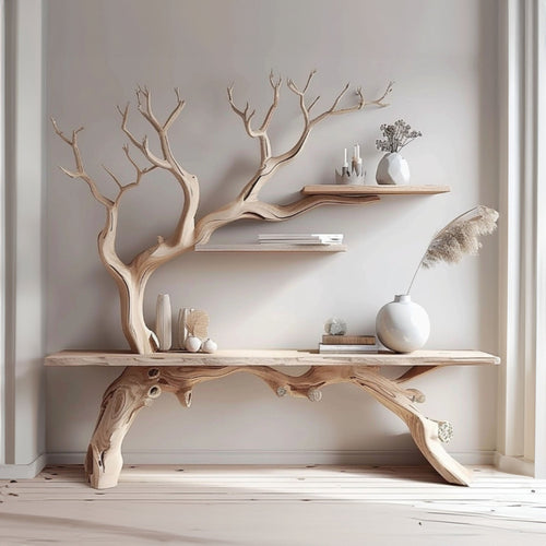 Farmhouse Console Table with Tree Branch Bookshelf, solid wood, built to order