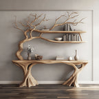 Console Narrow Table with Tree Branch Bookshelf, solid wood, built to order