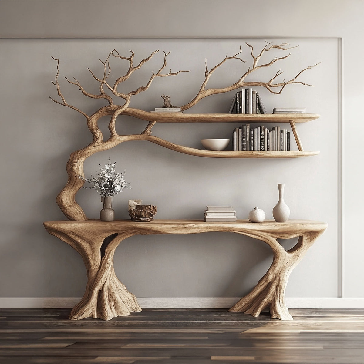 Console Narrow Table with Tree Branch Bookshelf, solid wood, built to order
