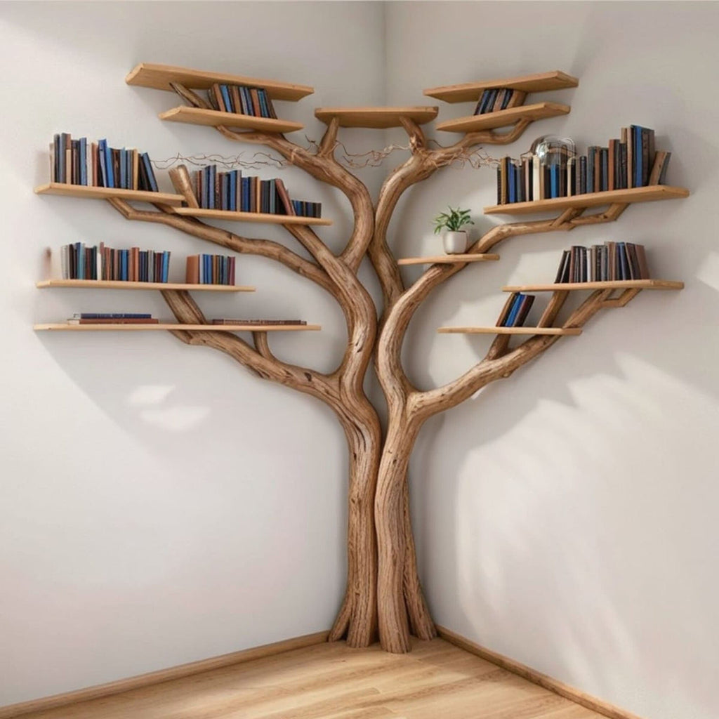Tree Floating Corner Bookshelf with Corner Bench Lshaped, solid wood, built to order