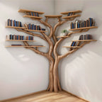 Tree Floating Corner Bookshelf with Corner Bench Lshaped, solid wood, built to order