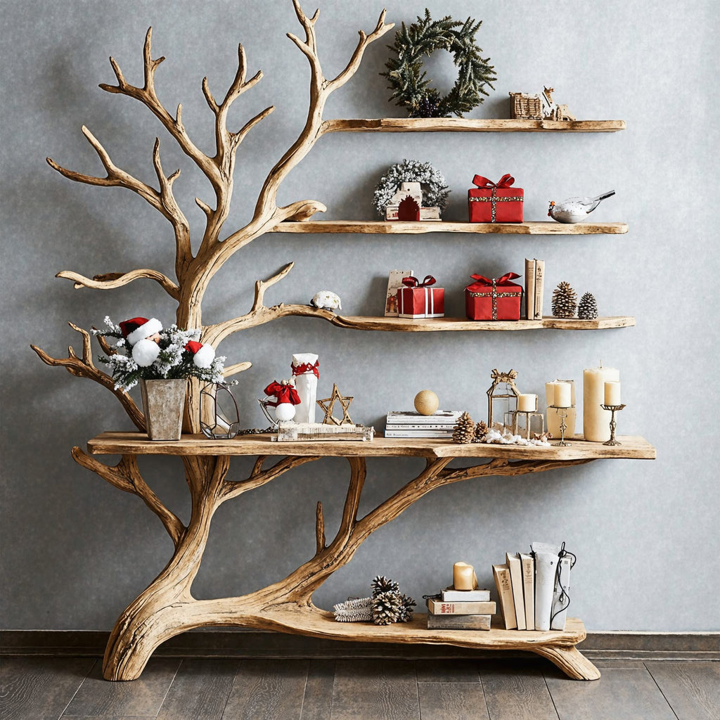 Mid Century Console Table with Tree Book Shelf Entry Table, solid wood, built to order