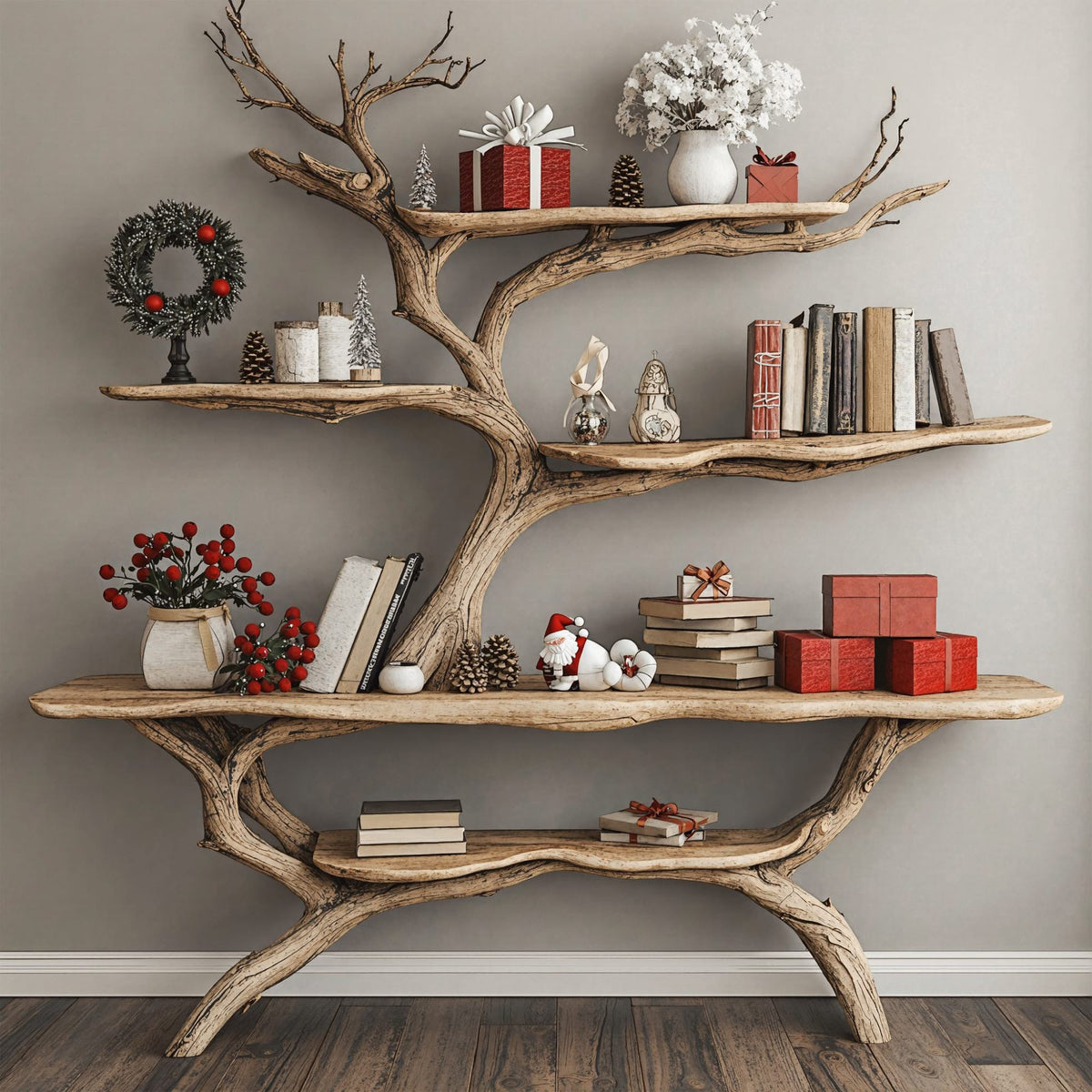 Custom Console Table with Driftwood Bookcase Tree Bookshelf, solid wood, built to order