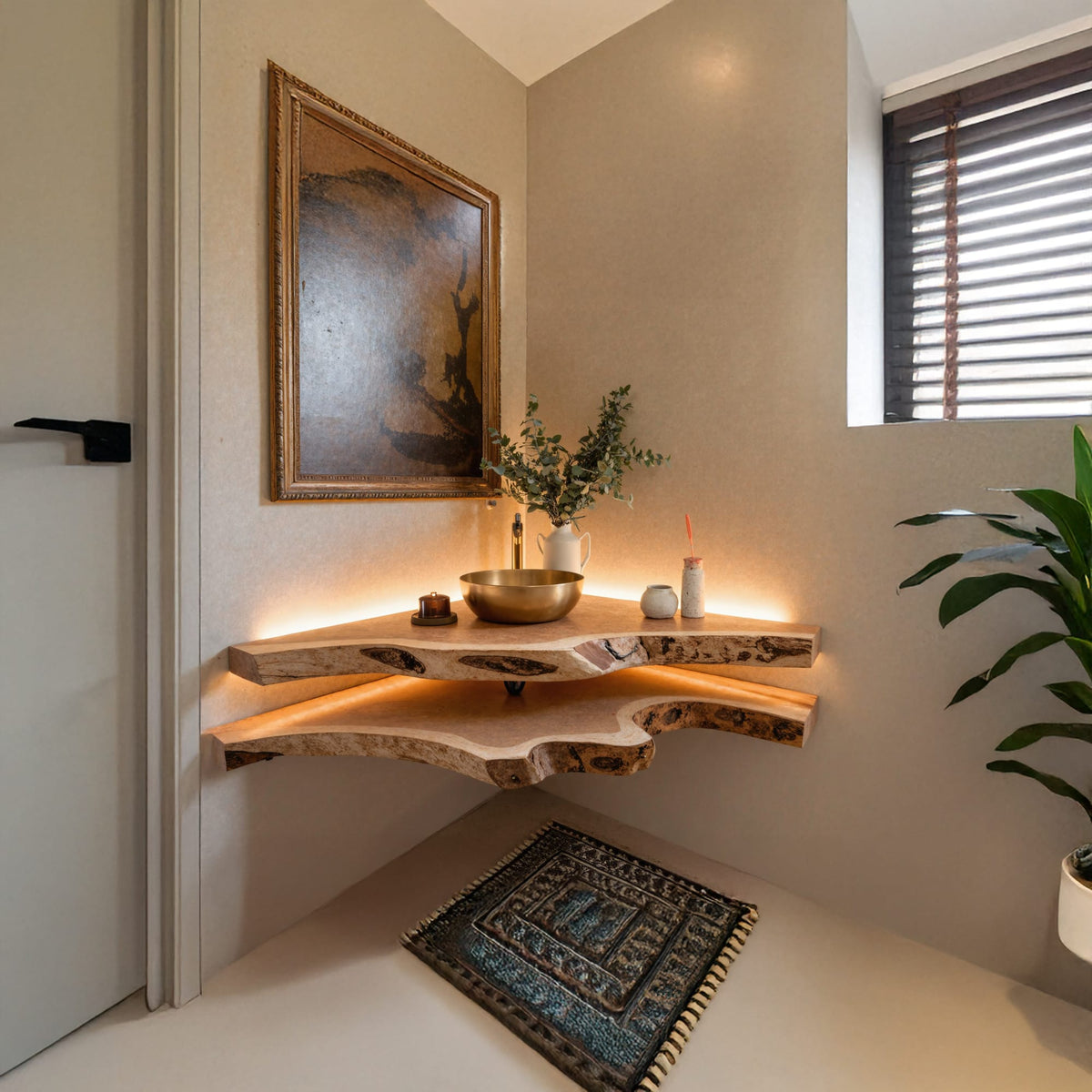 Floating Bathroom Corner Shelf, solid wood, built to order