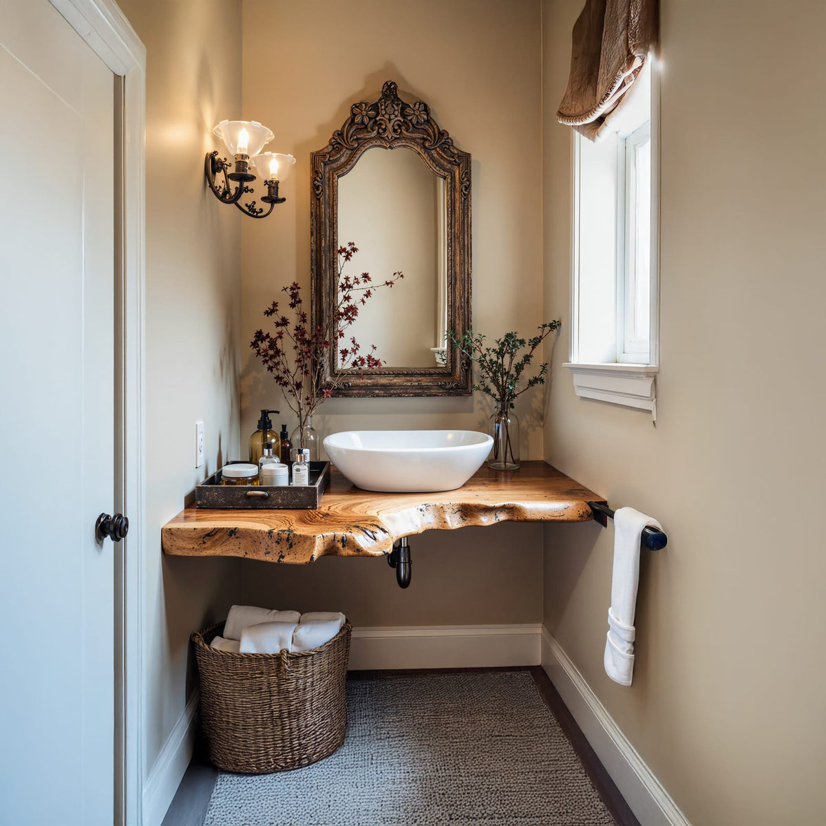 Floating Bathroom Corner Shelf Vanity, solid wood, built to order