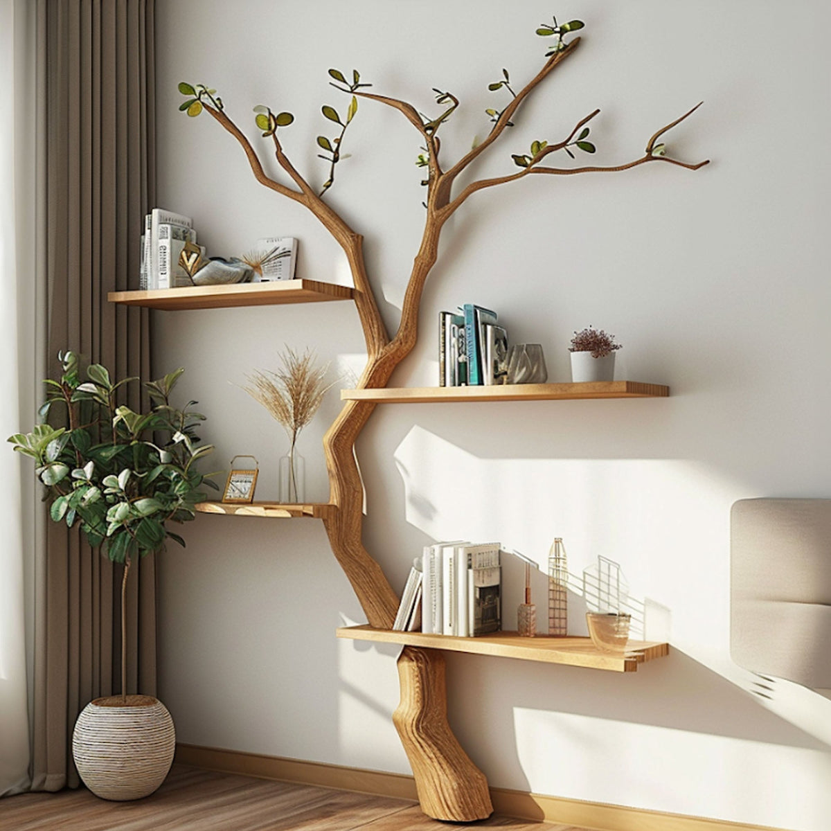 Custom Tree Branch Floating Shelves Bookcase, solid wood, built to order
