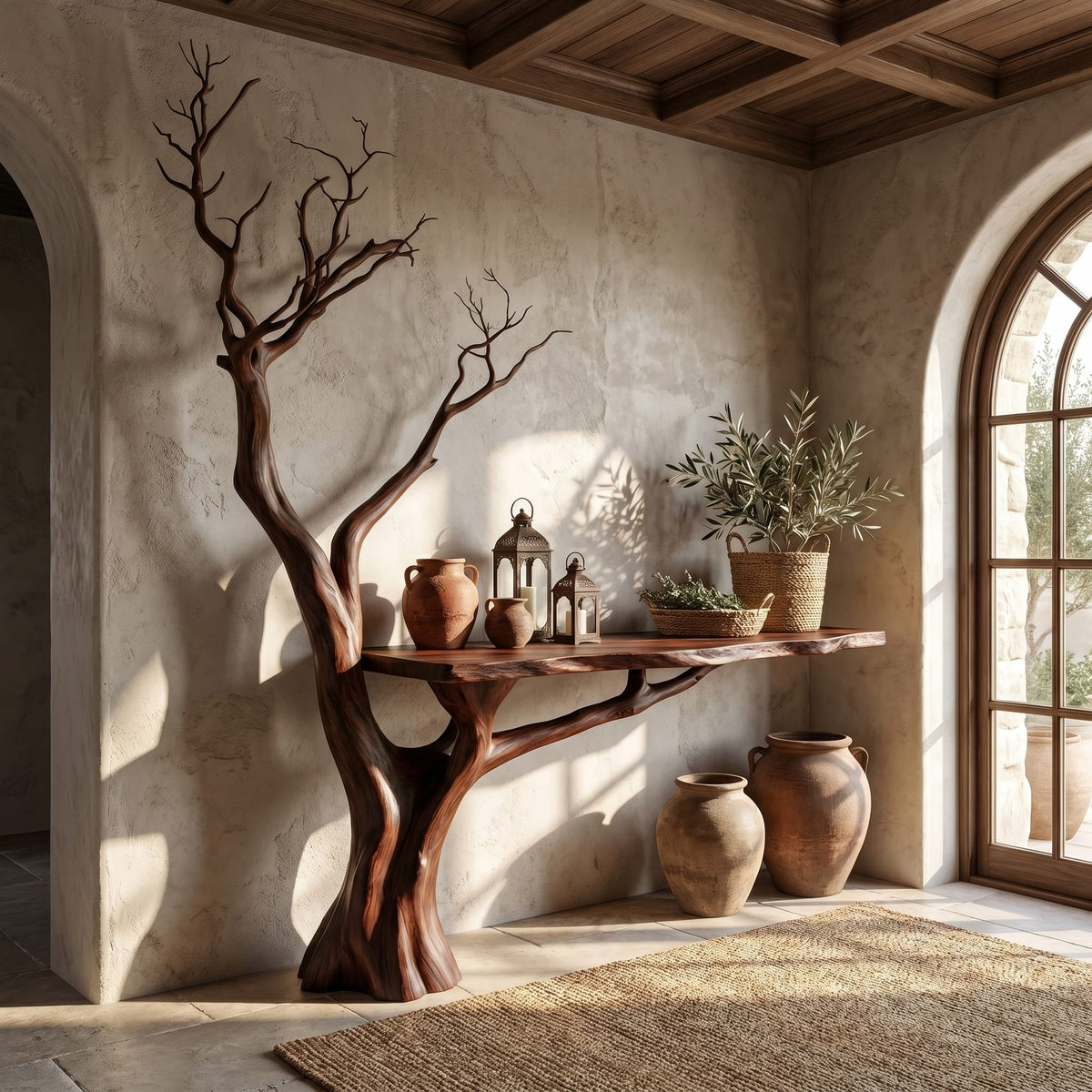 Rustic Console Table Sculpted Tree Hallway Entrance, solid wood, built to order