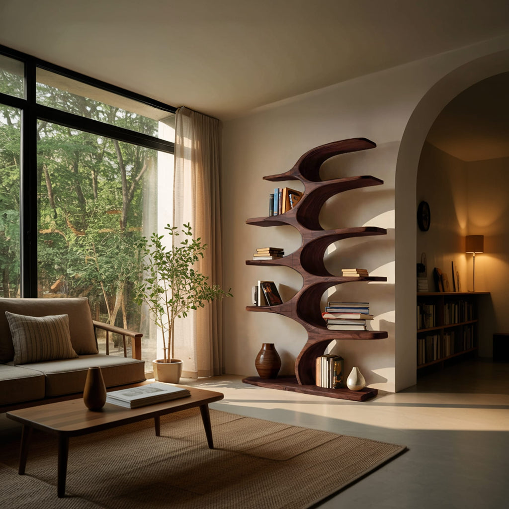 Artistic Curved Bookshelf Fluid Lines Statement, solid wood, built to order