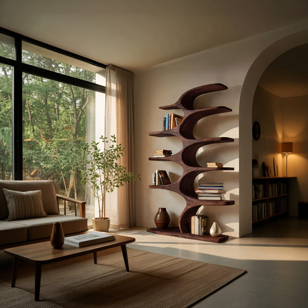 Artistic Curved Bookshelf Fluid Lines Statement, solid wood, built to order