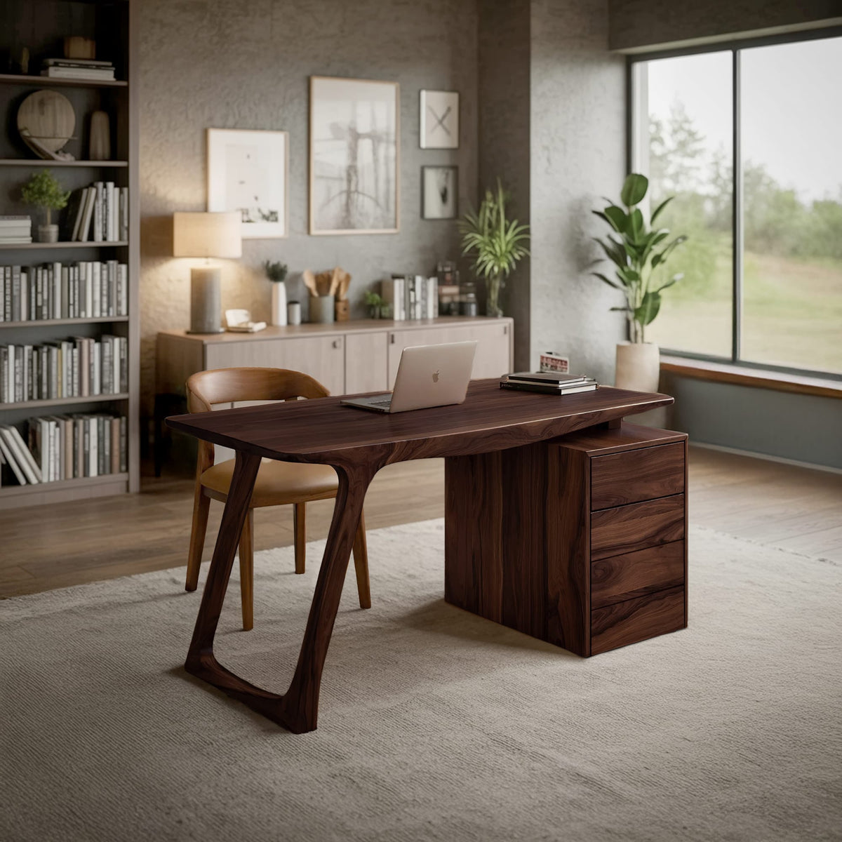 Contemporary Live Edge Office Desk with Storage Cabinet, solid wood, built to order