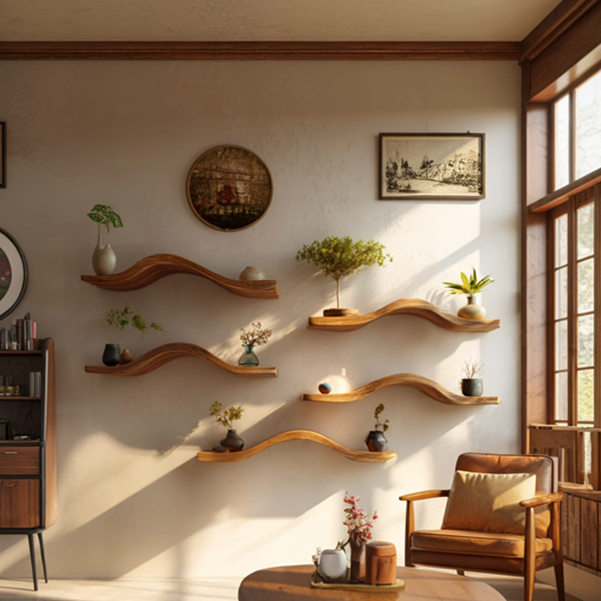 Curved Solid Floating Shelves Organic Living Room Interior, solid wood, built to order