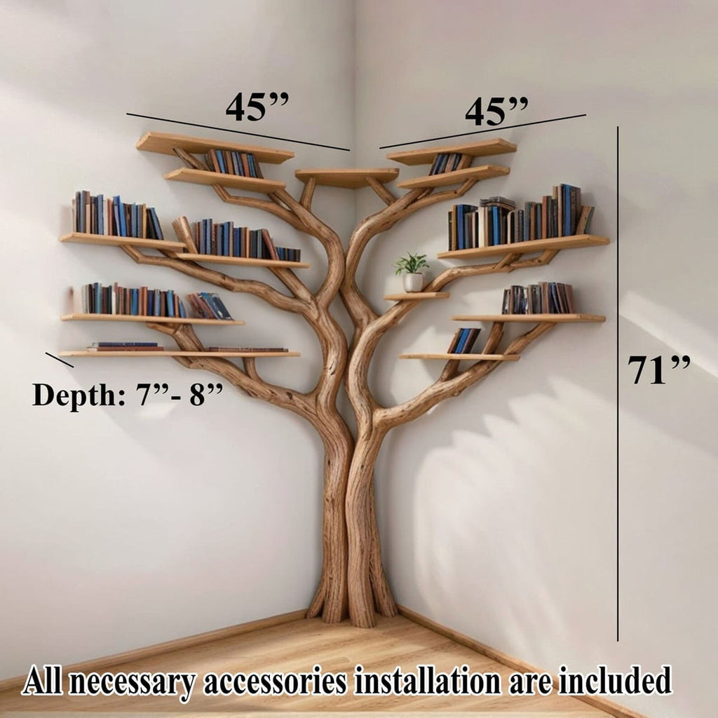 Tree Floating Corner Bookshelf with Corner Bench Lshaped, solid wood, built to order