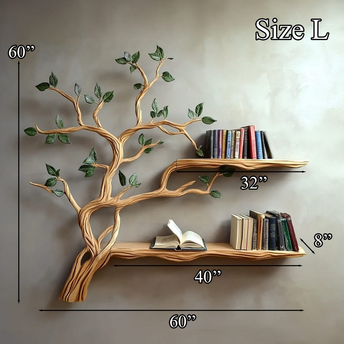 Rustic Branch Floating Shelf Custom Bookcase, solid wood, built to order
