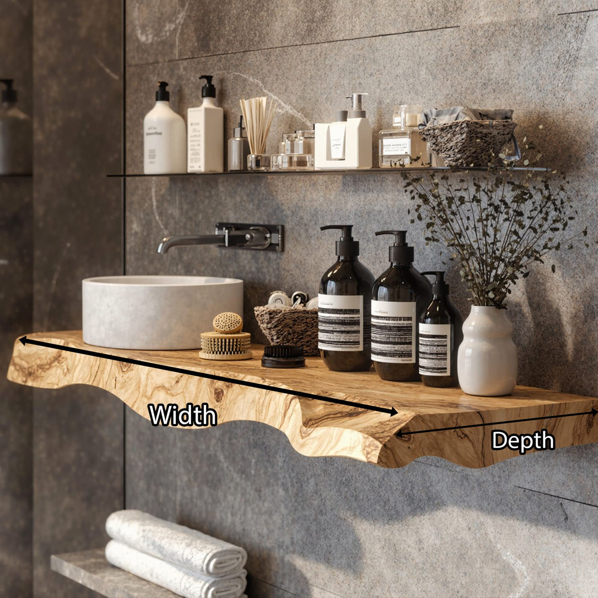 Handcrafted Counter Bathroom Vanity Shelf, solid wood, built to order