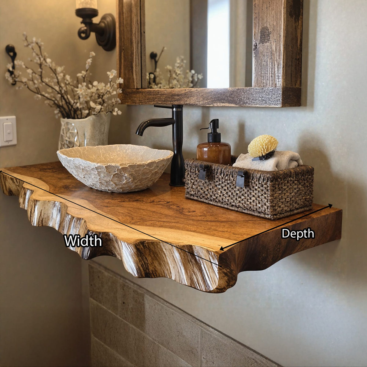 Floating Edge Bathroom Shelf, solid wood, built to order