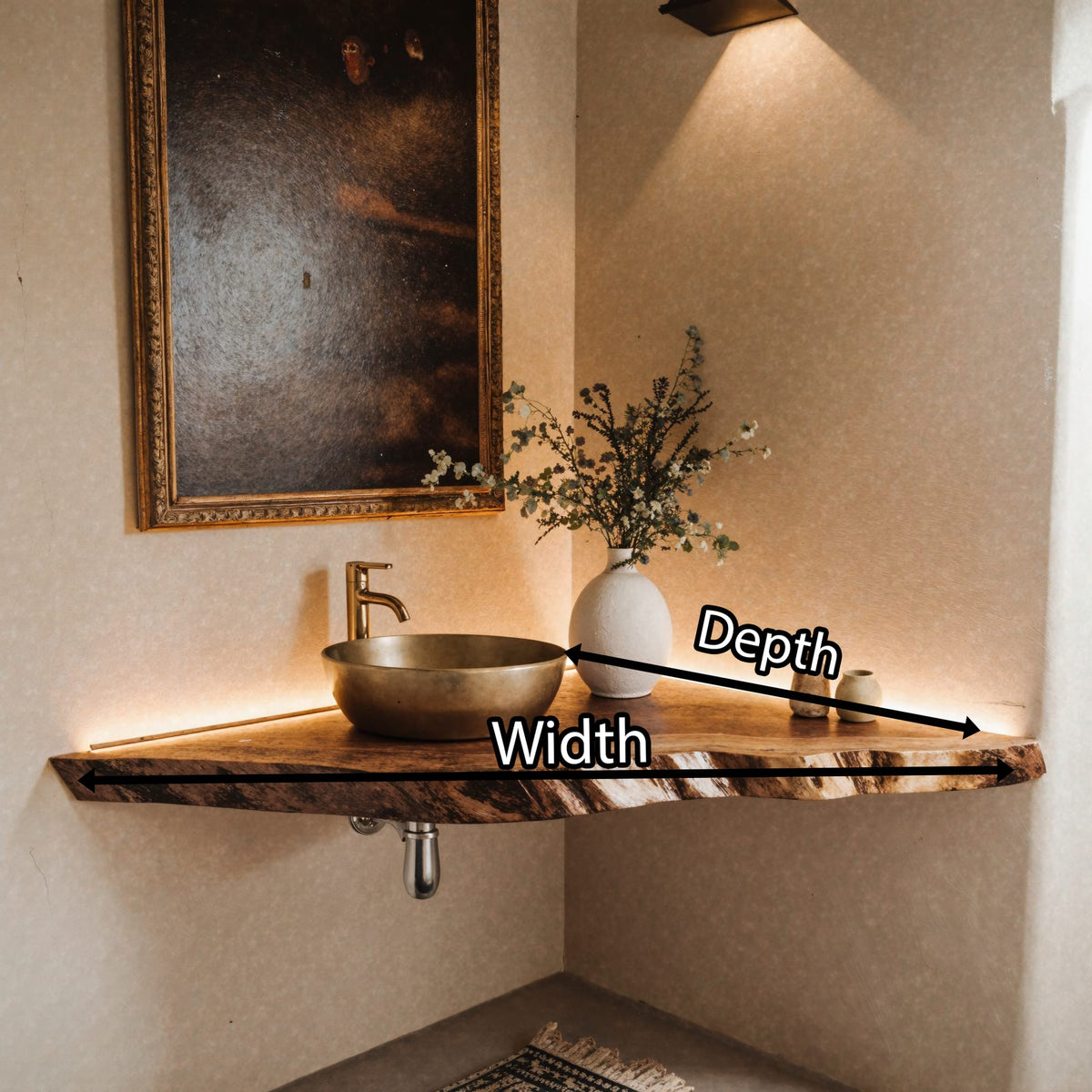 Handcrafted Counter Bathroom Corner Shelf, solid wood, built to order