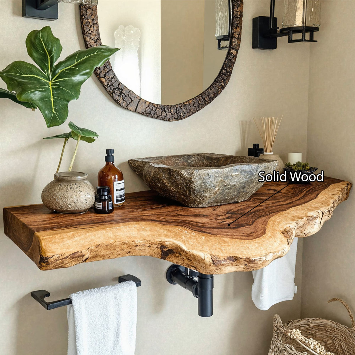 Floating Edge Bathroom Vanity Shelf, solid wood, built to order