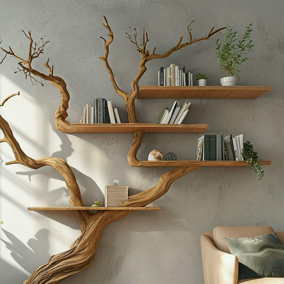 Tree Branch Shelf Wall Mount Bookshelf, solid wood, built to order