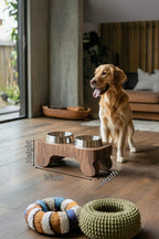 Mid Century Dog Feeder Stand for Pet Food Storage, solid wood, built to order