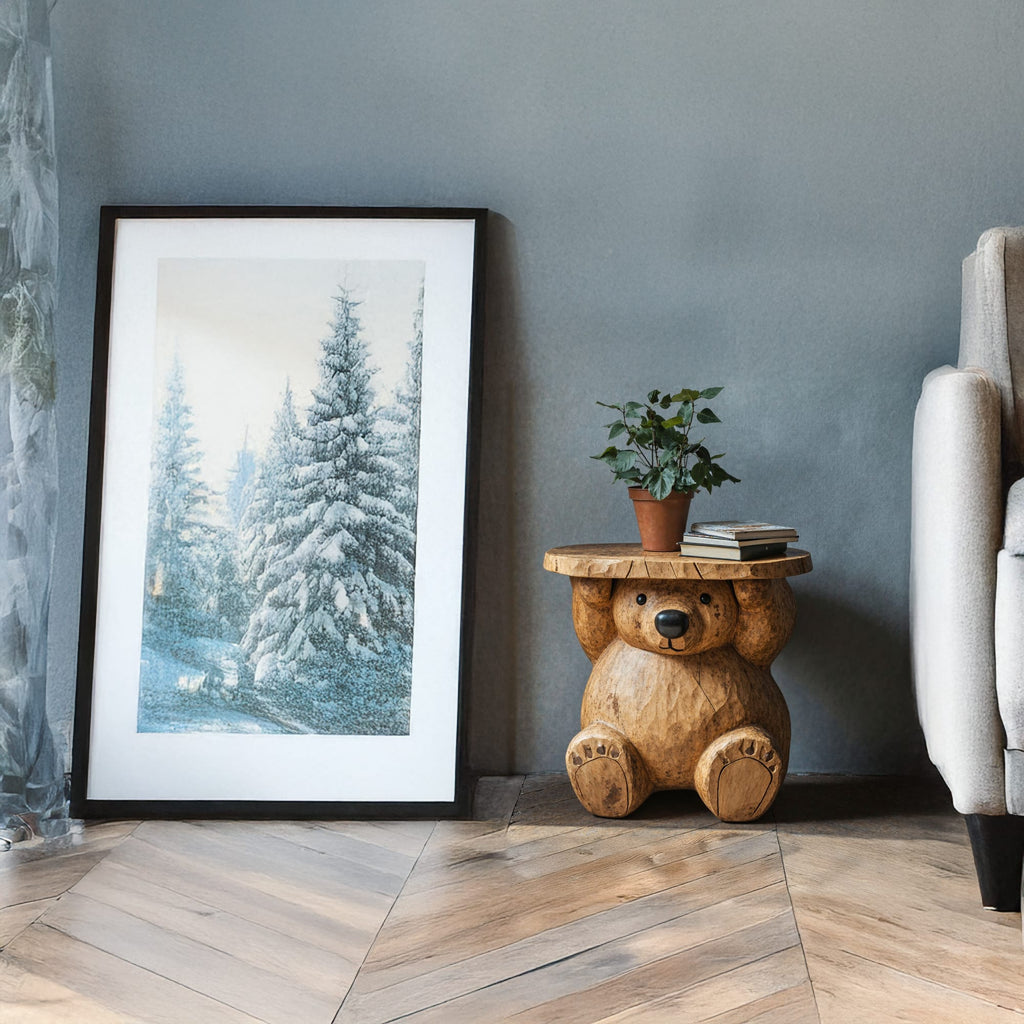 Handcrafted End Table Bear Side Table, solid wood, built to order