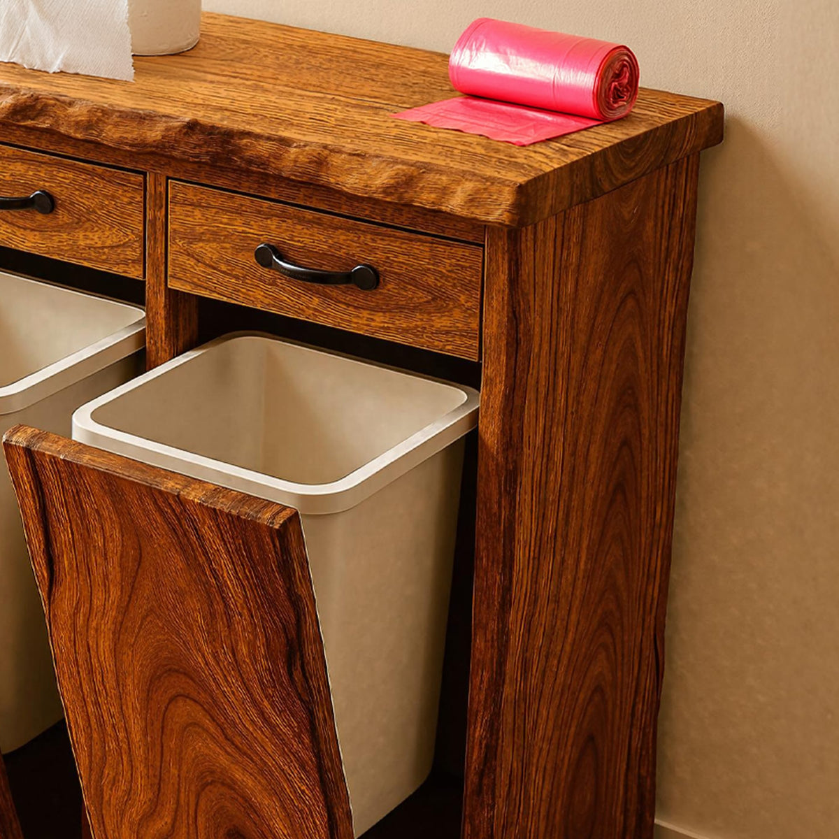 Mid Century Double Tilt Out Trash Cabinet, solid wood, built to order