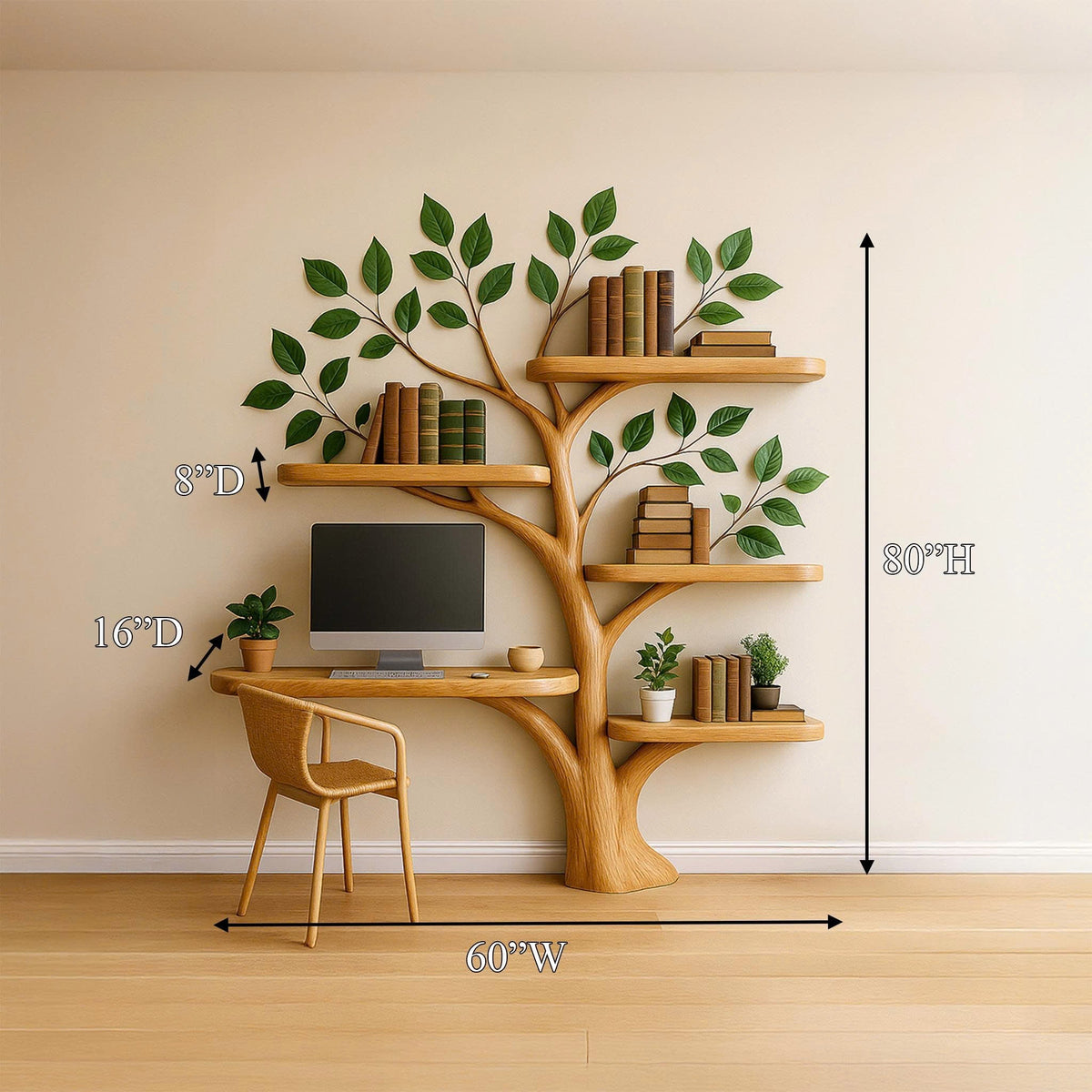 Tree Bookshelf Desk Mid Century Living Bedroom, solid wood, built to order