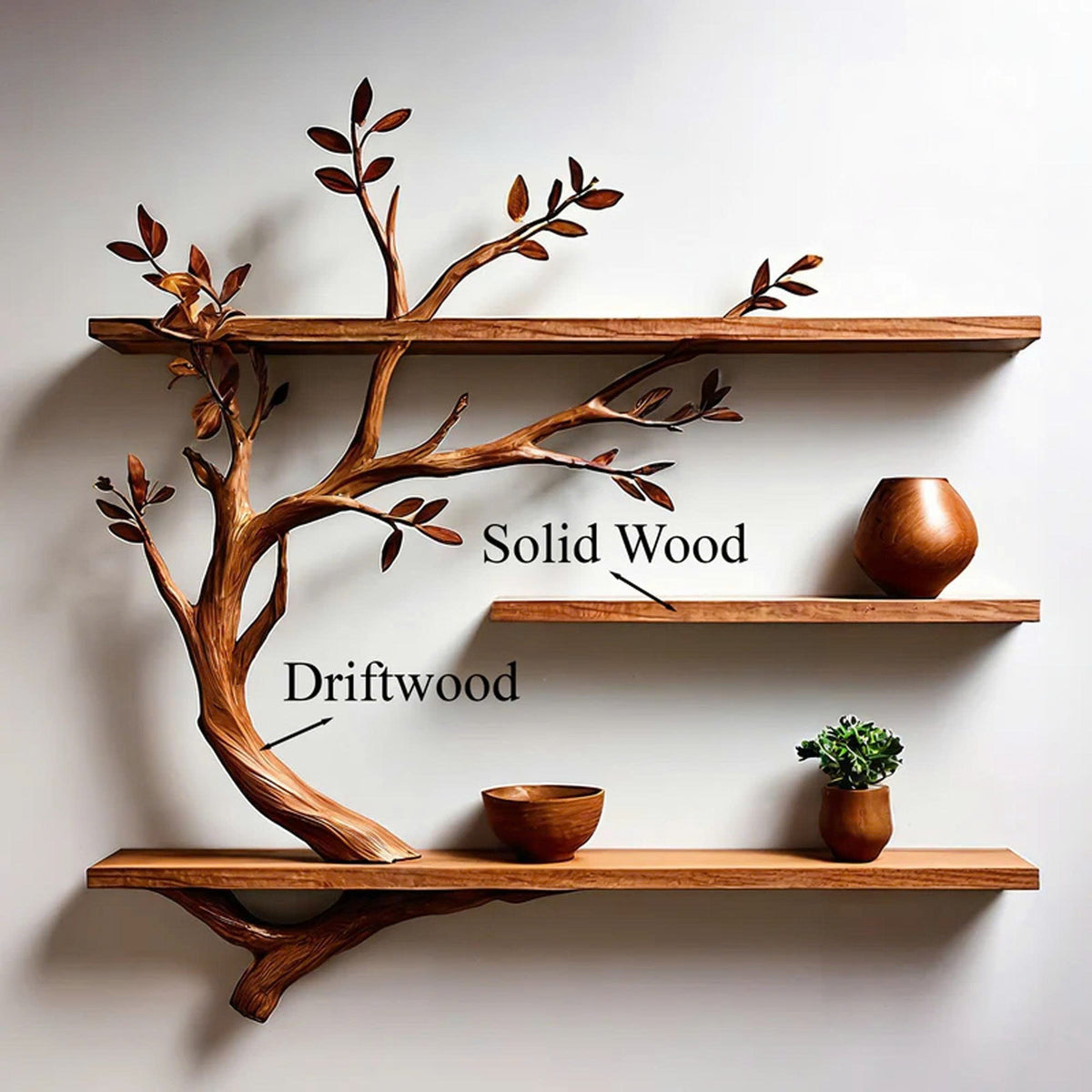 Custom Floating Bookshelf Driftwood Tree Branch Wall Mount, solid wood, built to order