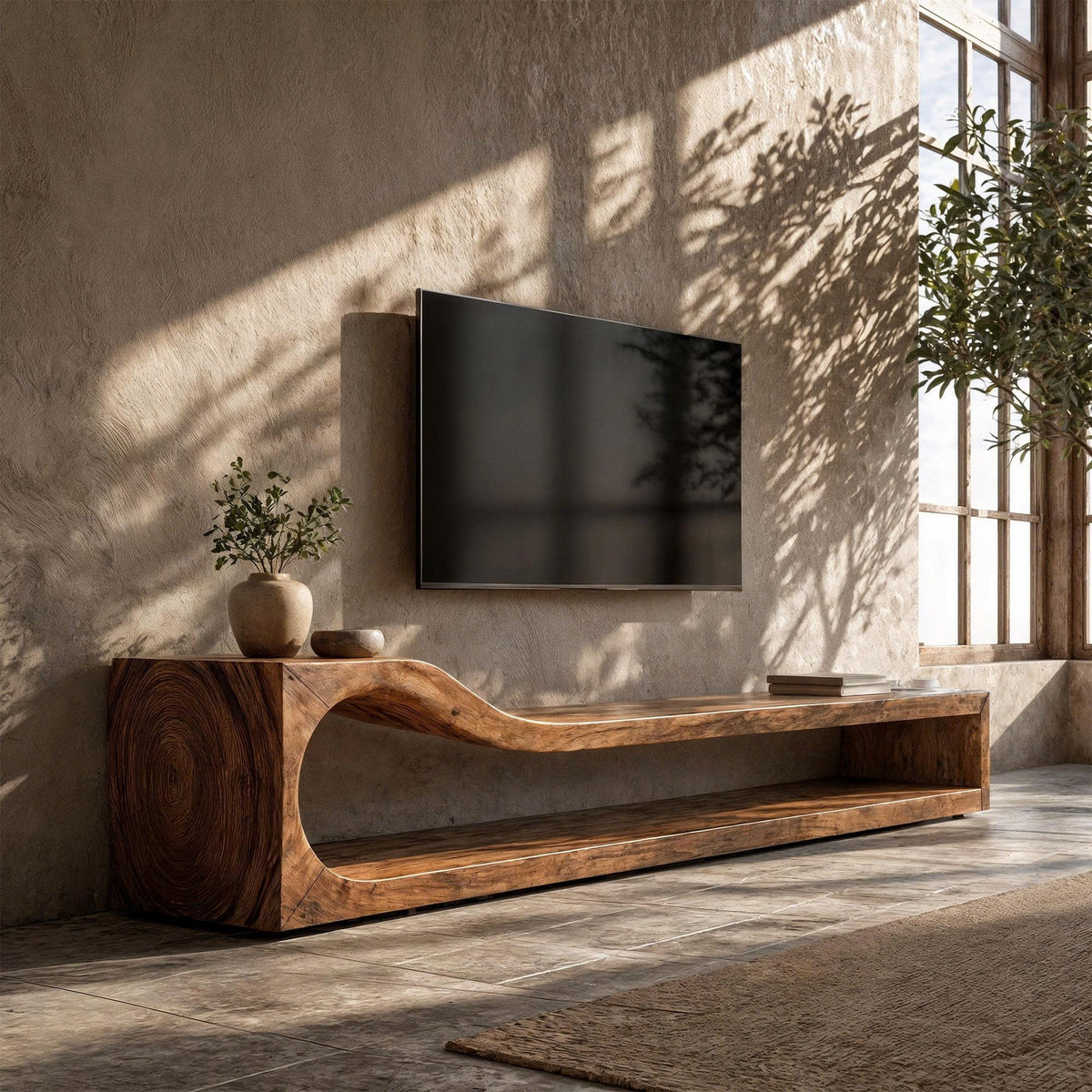 Organic TV Cabinet with Sculptural Wave Wood Base and Media Console, solid wood, built to order