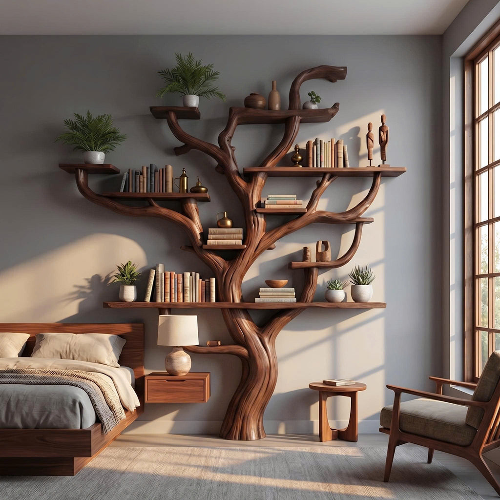 Corner Branch Shelf Wood Bookcase Wall Mounted, solid wood, built to order