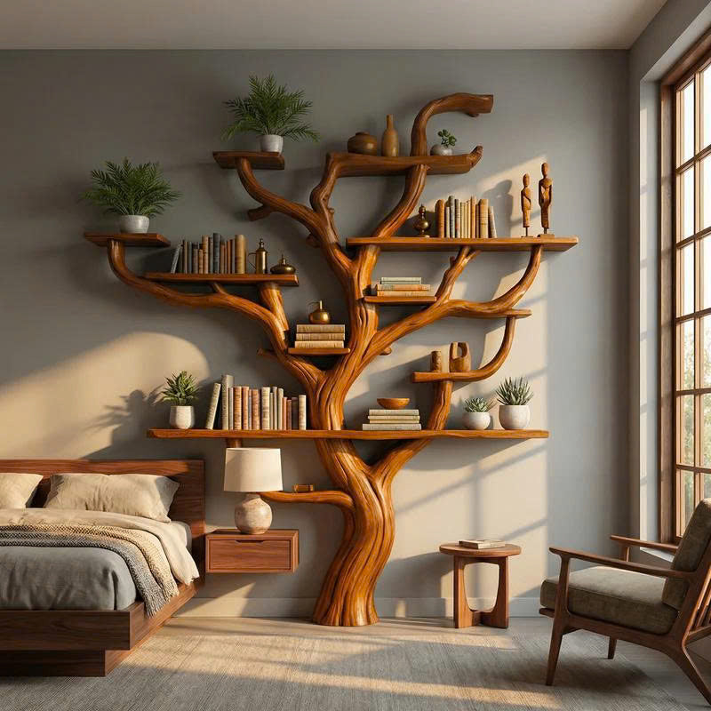 Corner Branch Shelf Wood Bookcase Wall Mounted, solid wood, built to order