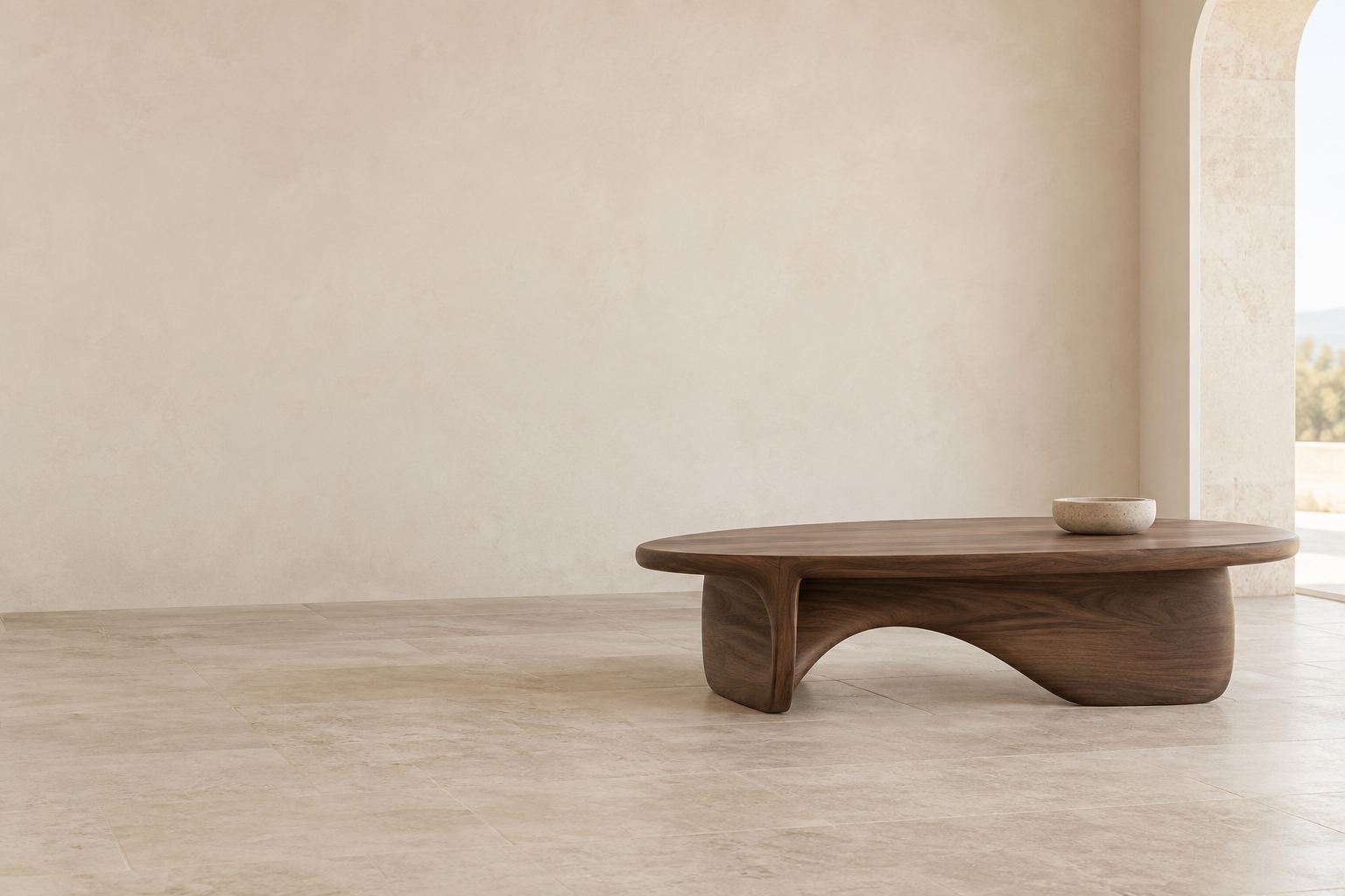 Sculptural wood furniture in a warm architectural interior